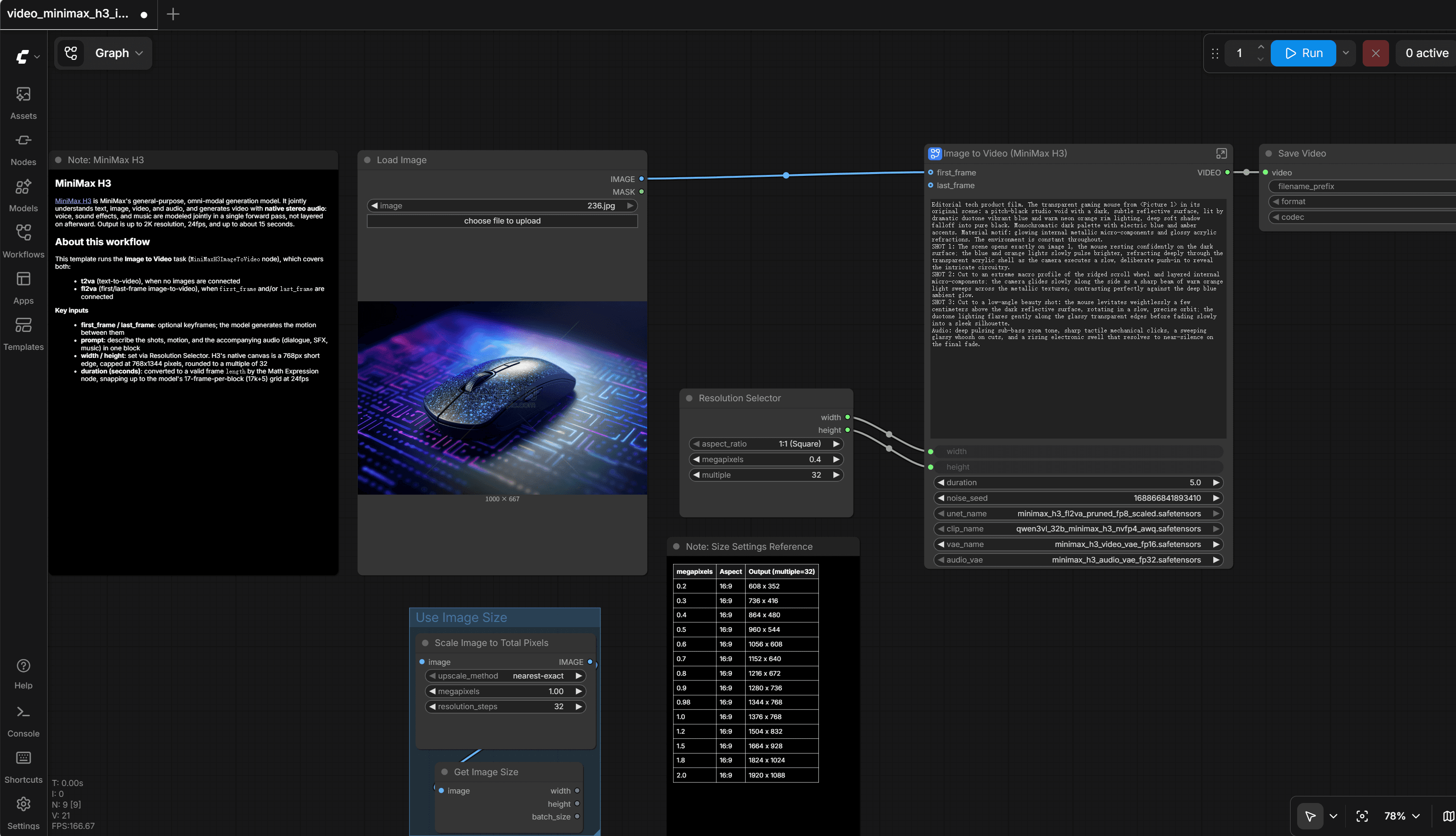 MiniMax H3 Image-to-Video workflow graph in ComfyUI with a product still loaded