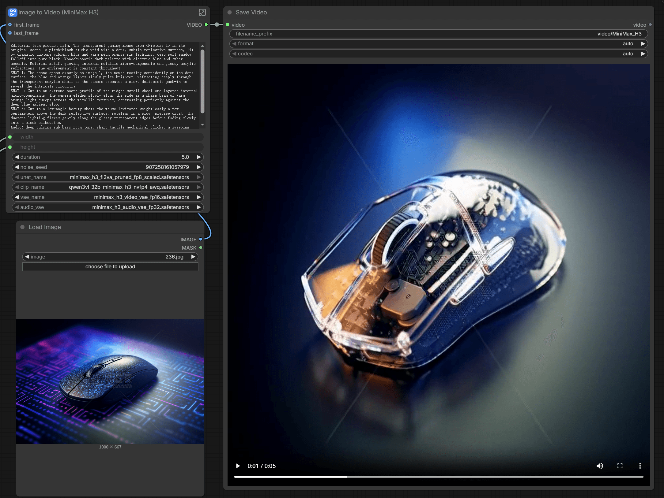 ComfyUI Image-to-Video run with MiniMax H3 showing the gaming-mouse product film preview