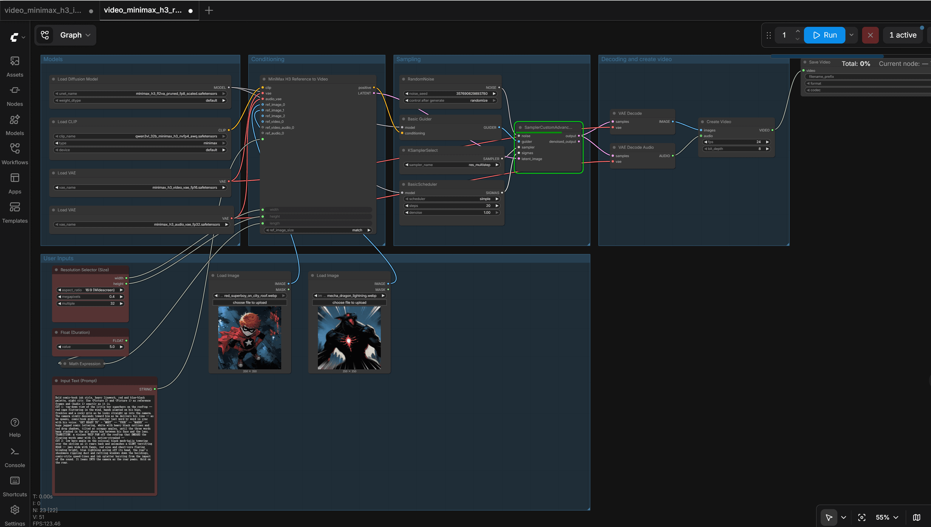 MiniMax H3 Reference-to-Video workflow graph in ComfyUI with model and reference nodes
