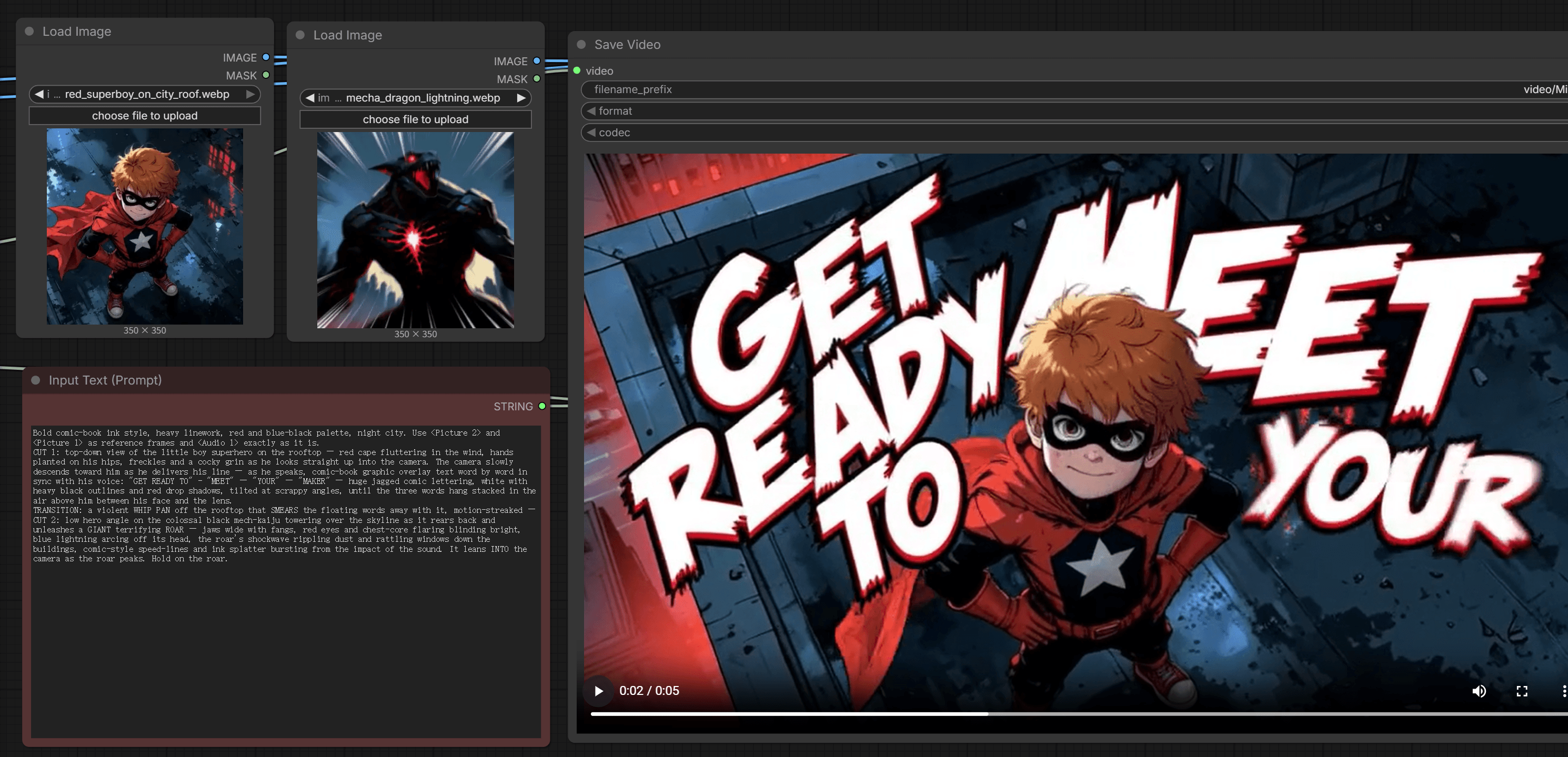 ComfyUI Reference-to-Video run with MiniMax H3 showing comic-style reference inputs and output preview