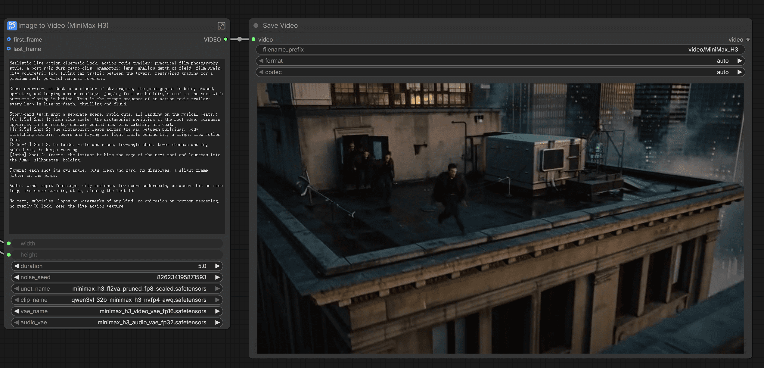 ComfyUI Text-to-Video run with MiniMax H3 showing the generated rooftop chase preview