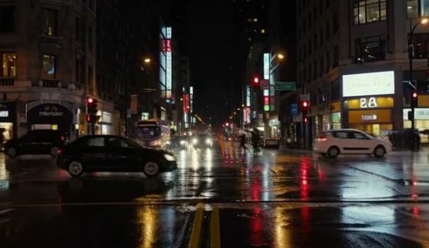 Still from a MiniMax H3 rainy night city generation